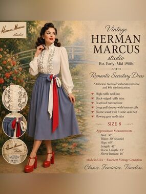 VTG 1980s Herman Marcus Studio Secretary Midi Dress 8 Ruffle Victorian Belted